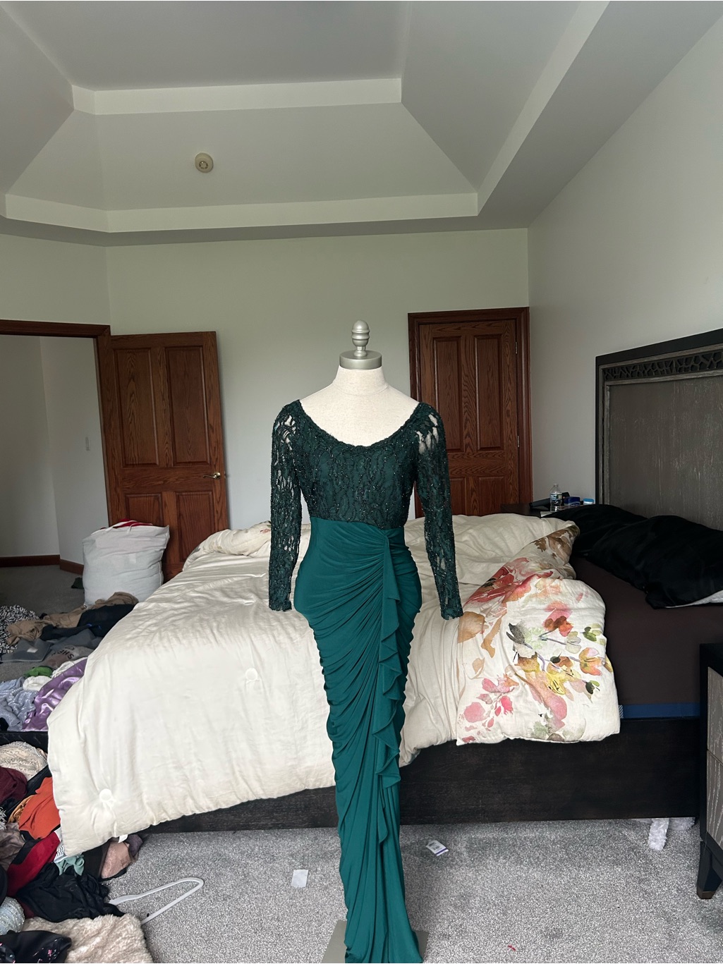 Betsy & Adam Dark Green Lace Long Sleeve Ruffled Gown